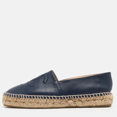 Pre-owned Chanel Navy Blue Leather Cc Cap Toe Espadrille Flats Size 37