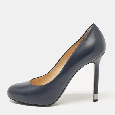 Pre-owned Chanel Navy Blue Leather Platform Pumps Size 39.5