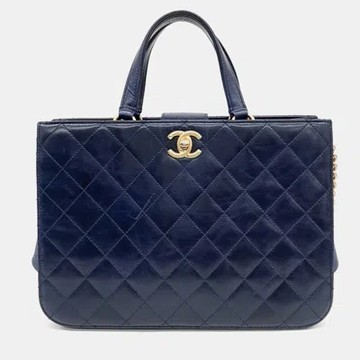 Pre-owned Chanel Navy Blue Leather Tote And Shoulder Bag In Silver