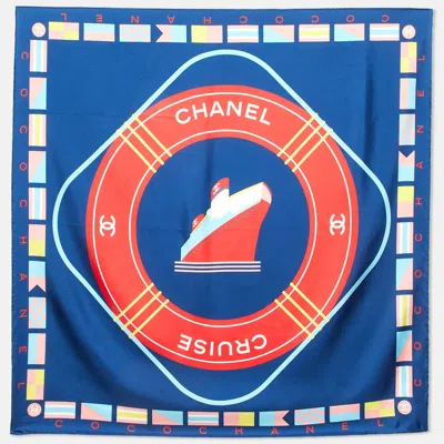 Pre-owned Chanel Navy Blue Logo Cruise Print Silk Square Scarf