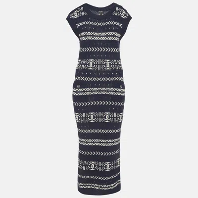 Pre-owned Chanel Navy Blue Logo Intarsia Knit Maxi Dress M