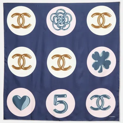 Pre-owned Chanel Navy Blue Lucky Charms Print Silk Square Scarf