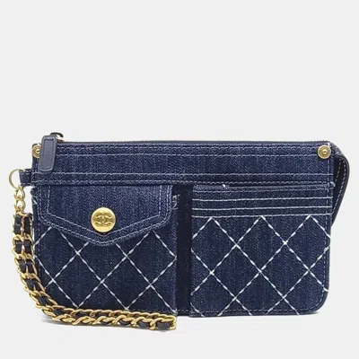Pre-owned Chanel Navy Blue Matelassé Denim Clutch