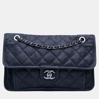 Pre-owned Chanel Navy Blue Medium Caviar French Riviera Flap