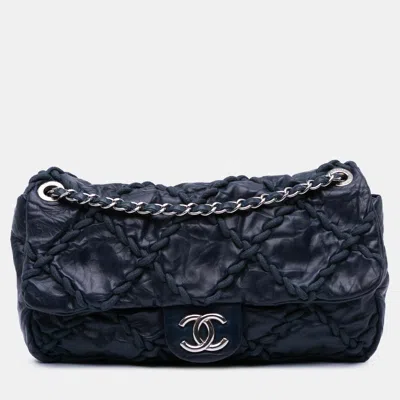 Pre-owned Chanel Navy Blue Medium Quilted Crinkled Calfskin Ultra Stitch Flap