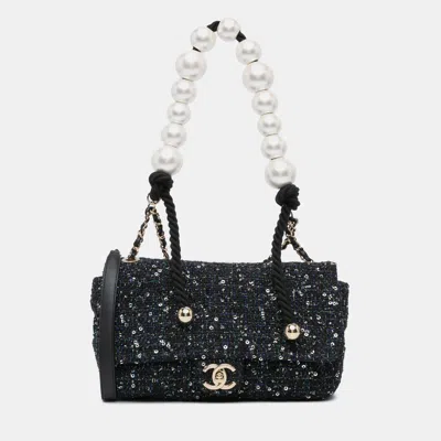 Pre-owned Chanel Navy Blue Medium Tweed Pearl Handle Flap