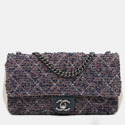 Pre-owned Chanel Navy Blue Medium Tweed Single Flap