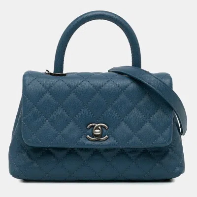 Pre-owned Chanel Navy Blue Mini Quilted Caviar Coco Top Handle Bag