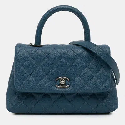 Pre-owned Chanel Navy Blue Mini Quilted Caviar Coco Top Handle Bag