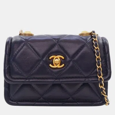 Pre-owned Chanel Navy Blue Mini Quilted Shiny Lambskin Button On Top Flap