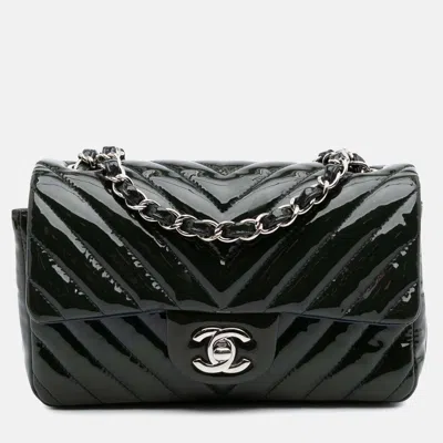 Pre-owned Chanel Navy Blue Mini Rectangular Classic Chevron Patent Single Flap