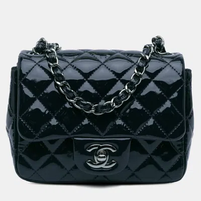 Pre-owned Chanel Navy Blue Mini Square Classic Patent Single Flap