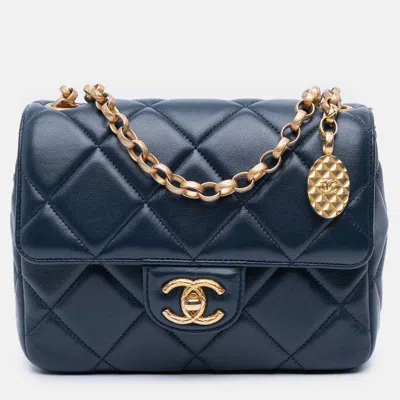 Pre-owned Chanel Navy Blue Mini Square Quilted Lambskin Bijoux Logo Chain Flap