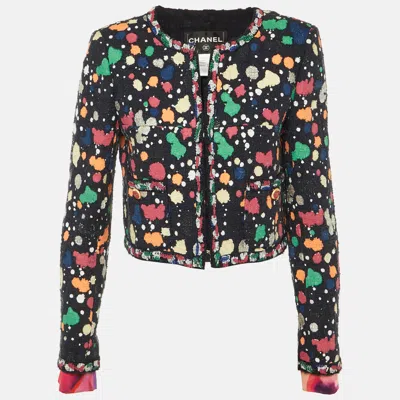 Pre-owned Chanel Navy Blue Multi Dot Print Tweed Cropped Jacket M