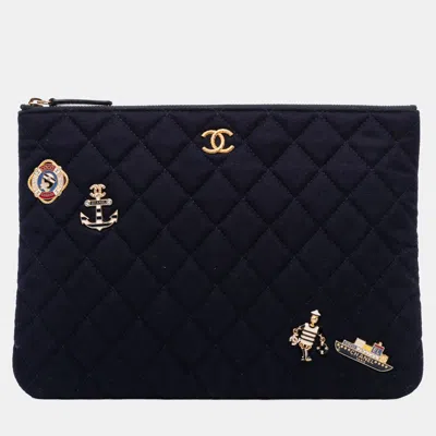 Pre-owned Chanel Navy Blue Paris Hamburg Medium Quilted Wool Coco Sailor Charms O Case Clutch
