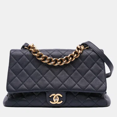 Pre-owned Chanel Navy Blue Paris Rome Large Sheepskin Trapezio Flap