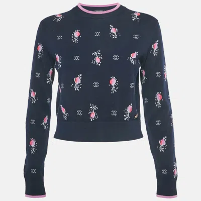 Pre-owned Chanel Navy Blue Patterned Cashmere Sweater S