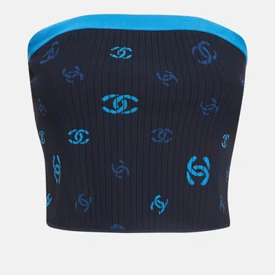 Pre-owned Chanel Navy Blue Printed Knit Tube Top M