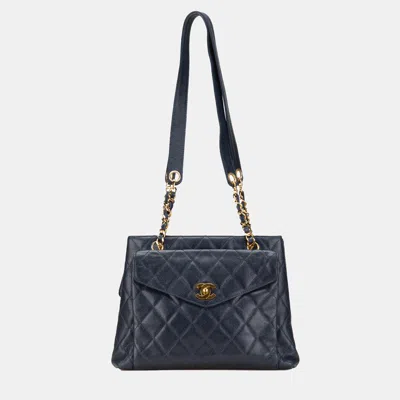 Pre-owned Chanel Navy Blue Quilted Caviar Front Pocket Chain Tote