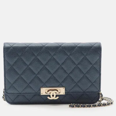 Pre-owned Chanel Navy Blue Quilted Caviar Golden Class Wallet On Chain
