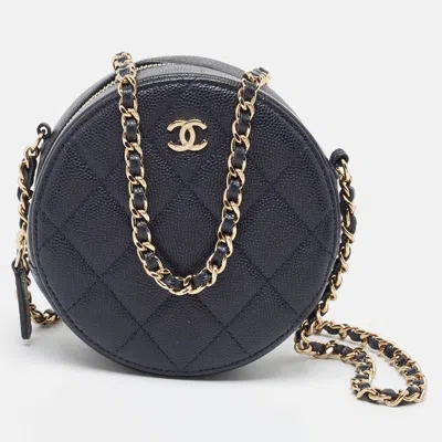 Pre-owned Chanel Navy Blue Quilted Caviar Leather Cc Round Chain Clutch