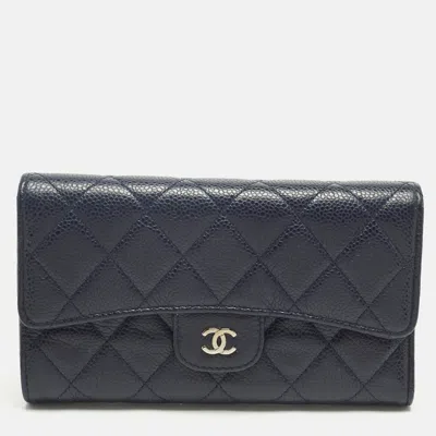Pre-owned Chanel Navy Blue Quilted Caviar Leather Classic L Trifold Wallet