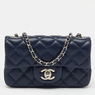 Pre-owned Chanel Navy Blue Quilted Caviar Leather Extra Mini Classic Single Flap Bag