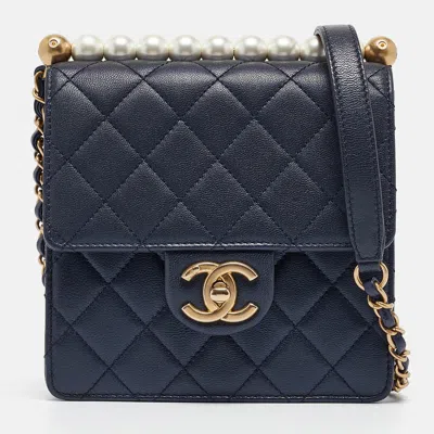 Pre-owned Chanel Navy Blue Quilted Leather Chic Pearls Flap Bag