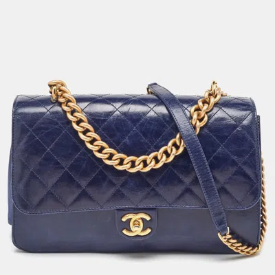 Pre-owned Chanel Navy Blue Quilted Leather Paris-cosmopolite Straight Lined Flap Bag