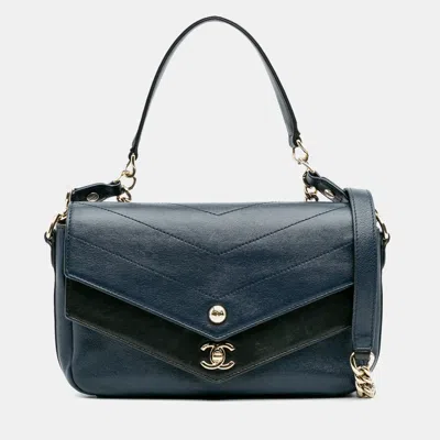 Pre-owned Chanel Navy Blue Quilted Sheepskin Double Chevron Mini Flap Bag