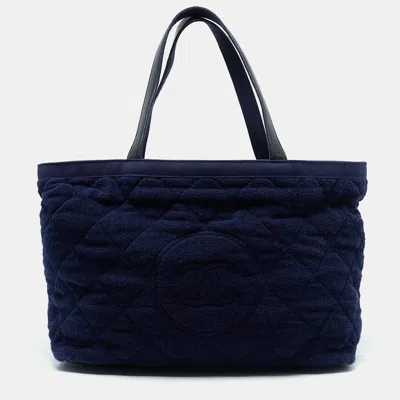 Pre-owned Chanel Navy Blue Quilted Terry Cloth Cc Beach Tote