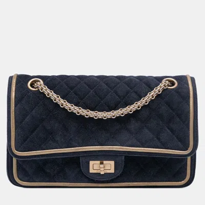 Pre-owned Chanel Navy Blue Reissue 2.55 Quilted Suede Double Flap 225