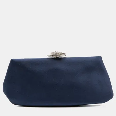 Pre-owned Chanel Navy Blue Satin Crystal Camellia Evening Frame Clutch