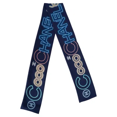 Pre-owned Chanel Navy Blue Silk 21s Neon Signs Slim Bandeau Scarf