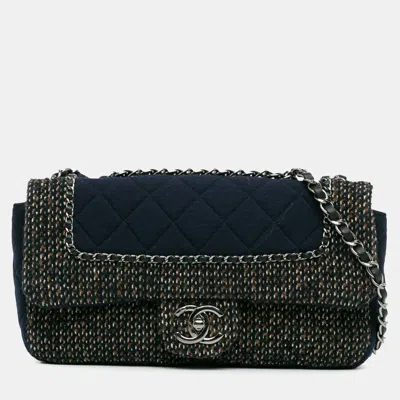 Pre-owned Chanel Navy Blue Small Jersey Tweed Flap