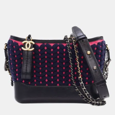 Pre-owned Chanel Navy Blue Small Knit And Calfskin Gabrielle Hobo