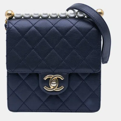 Pre-owned Chanel Navy Blue Small Lambskin Chic Pearls Flap