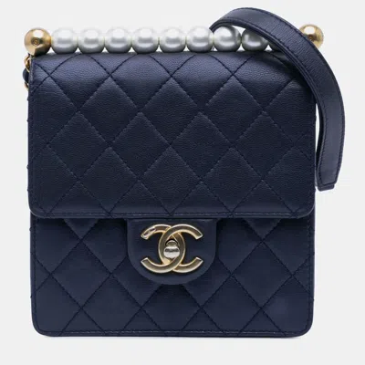 Pre-owned Chanel Navy Blue Small Lambskin Chic Pearls Flap