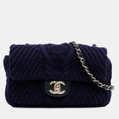 Pre-owned Chanel Navy Blue Small Paris Hamburg Cable Knit Flap