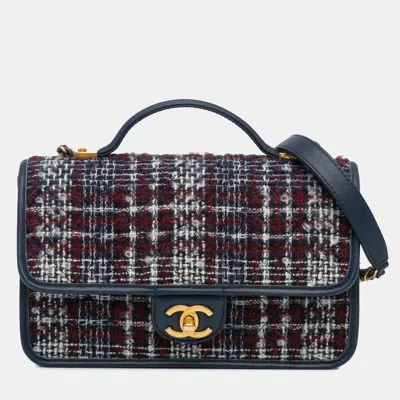 Pre-owned Chanel Navy Blue Small Tweed School Memory Top Handle Flap