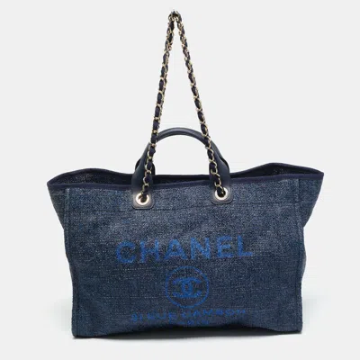 Pre-owned Chanel Navy Blue Straw And Lurex Fabric Large Deauville Shopper Tote