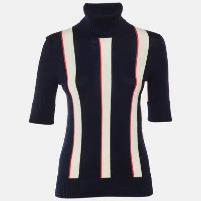 Pre-owned Chanel Navy Blue Striped Cashmere Turtle Neck Sweater S