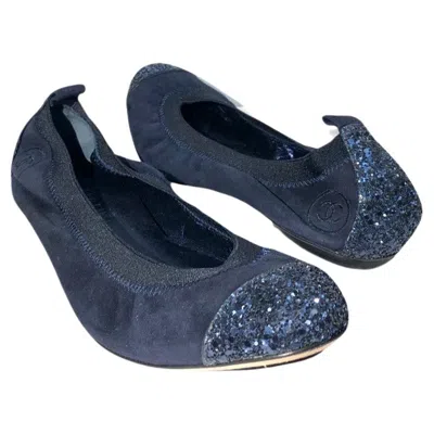 Pre-owned Chanel Navy Blue Suede Metallic Ballerina Flats