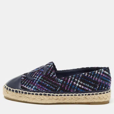Pre-owned Chanel Navy Blue Tweed And Leather Cc Espadrille Flats Size 36