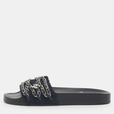Pre-owned Chanel Navy Blue Tweed Tropiconic Chain Detail Flat Slides Size 38