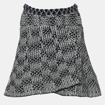 Pre-owned Chanel Navy Blue White Nylon Cotton Textured Knit Skirt Fr 38 In Black