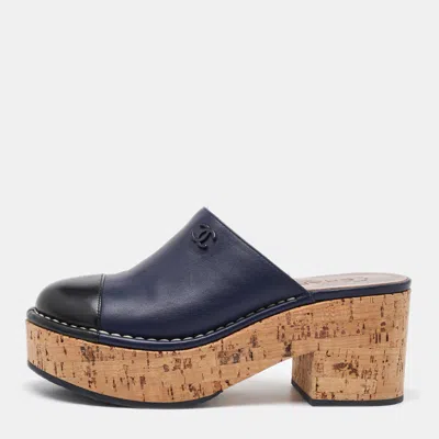 Pre-owned Chanel Navy Blue/black Leather Cap Toe Cork Platform Mules Size 37