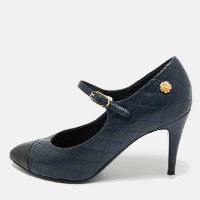 Pre-owned Chanel Navy Blue/black Leather Cc Mary Jane Pumps Size 37.5