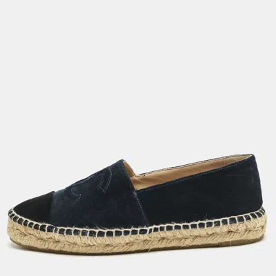 Pre-owned Chanel Navy Blue/black Velvet Cc Cap Toe Espadrille Flats Size 37