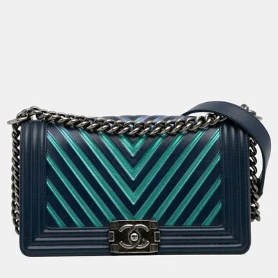 Pre-owned Chanel Navy Blue/green Medium Calfskin Embossed Painted Chevron Boy Flap